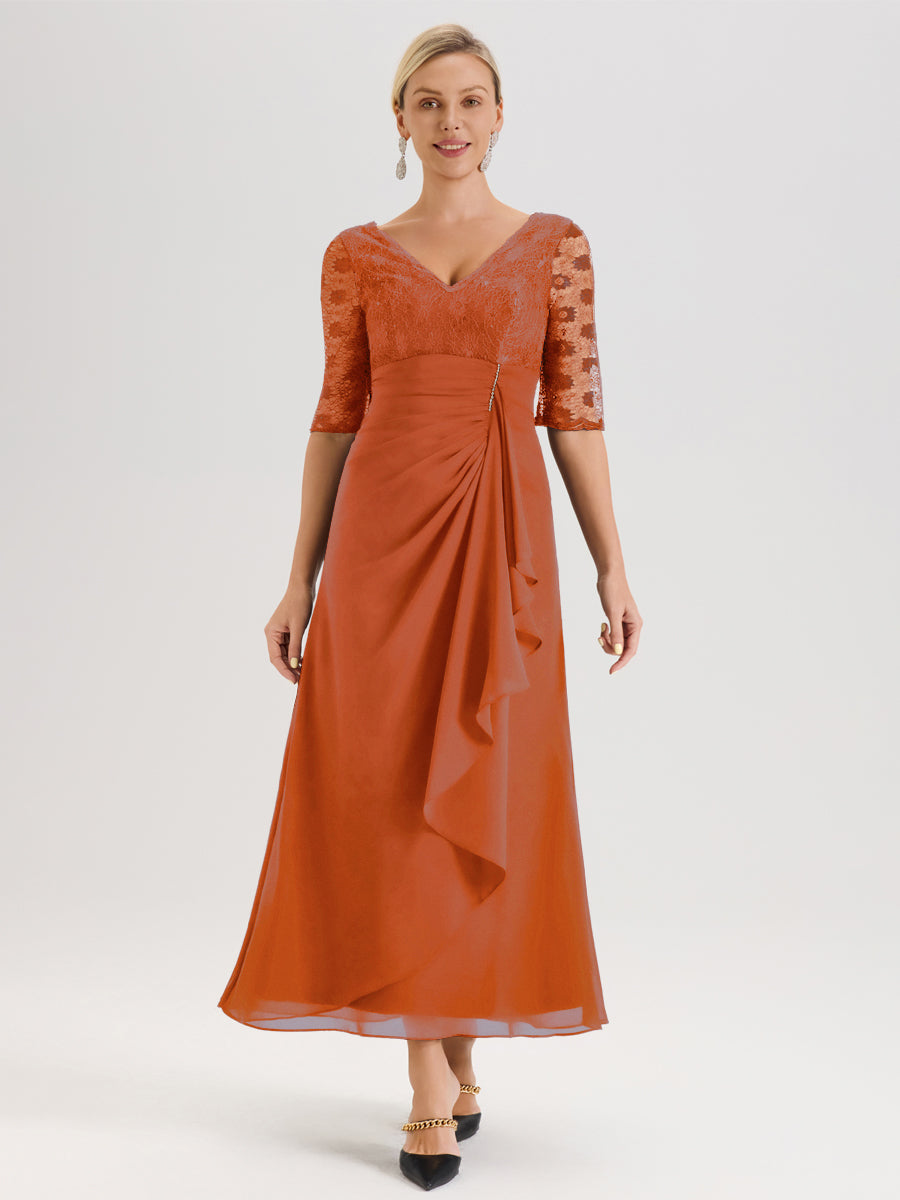 Cicinia Orange Brûlé Robe De Mère De La Mariée Longue Ligne A En Dentelle Et Mousseline À Décolleté En V Demi-Manches Et Ceinture À Longs Rubans