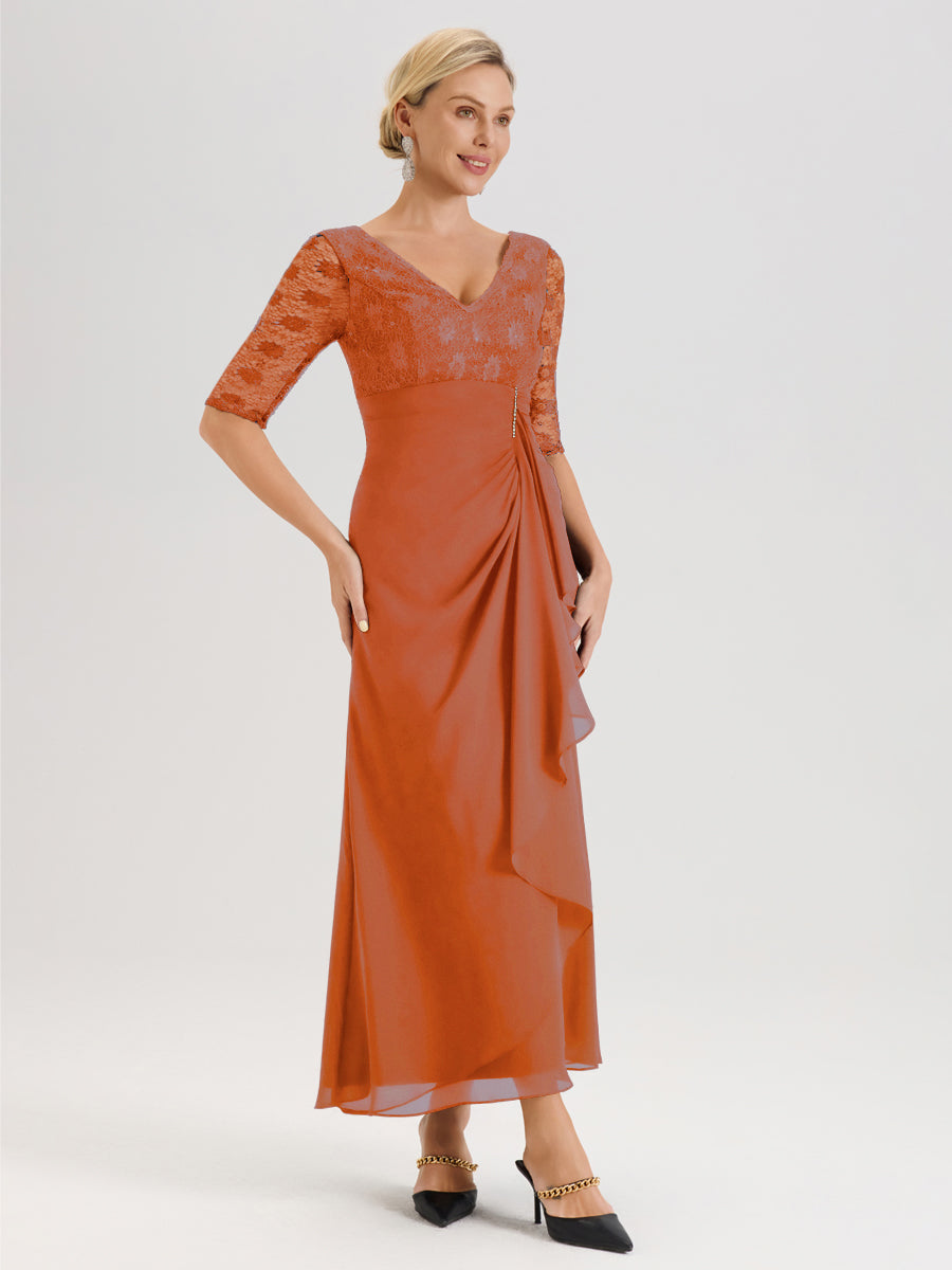 Cicinia Orange Brûlé Robe De Mère De La Mariée Longue Ligne A En Dentelle Et Mousseline À Décolleté En V Demi-Manches Et Ceinture À Longs Rubans
