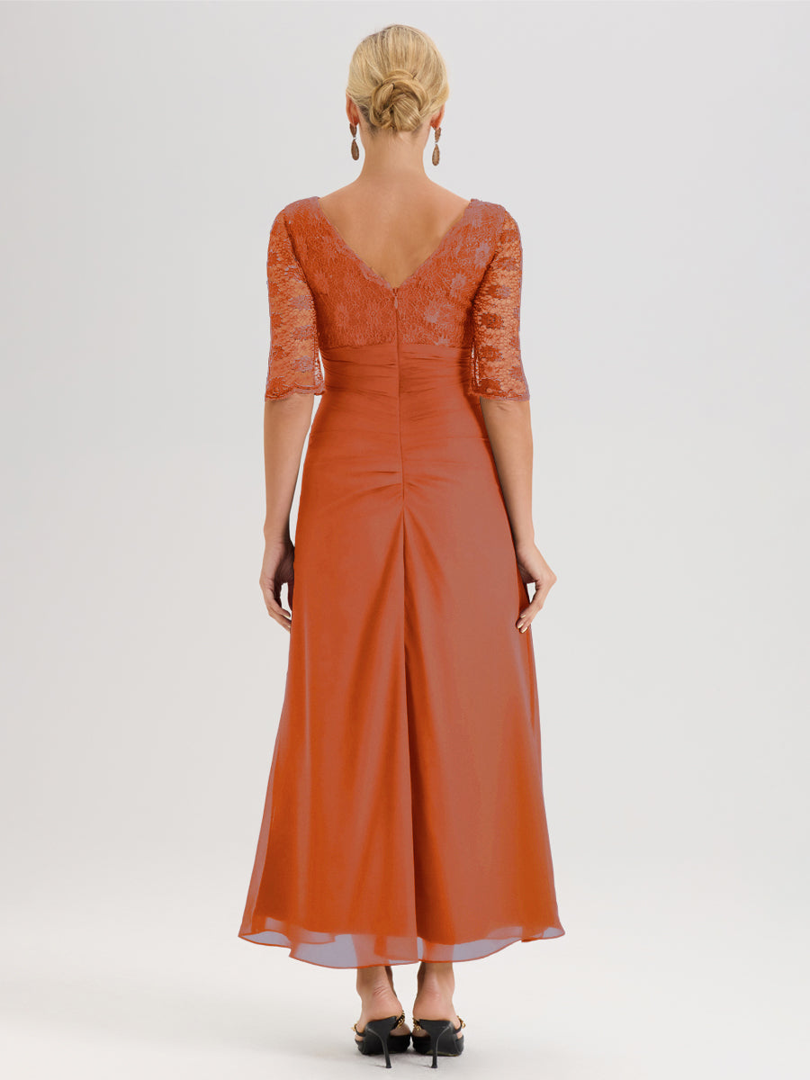 Cicinia Orange Brûlé Robe De Mère De La Mariée Longue Ligne A En Dentelle Et Mousseline À Décolleté En V Demi-Manches Et Ceinture À Longs Rubans