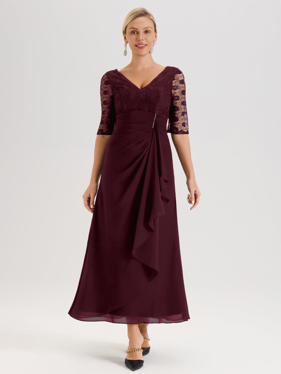Cicinia Cabernet Robe De Mère De La Mariée Longue Ligne A En Dentelle Et Mousseline À Décolleté En V Demi-Manches Et Ceinture À Longs Rubans