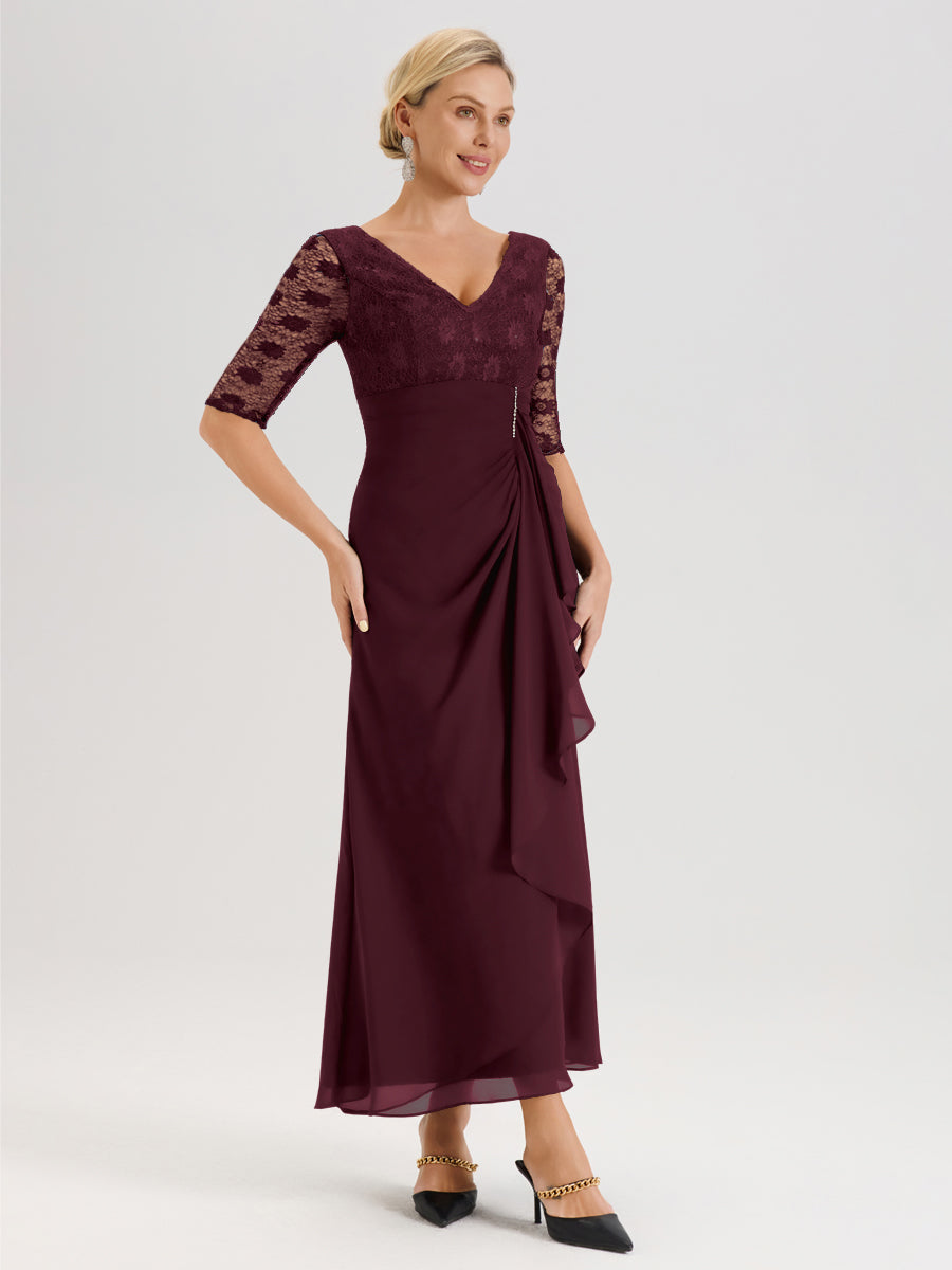Cicinia Cabernet Robe De Mère De La Mariée Longue Ligne A En Dentelle Et Mousseline À Décolleté En V Demi-Manches Et Ceinture À Longs Rubans