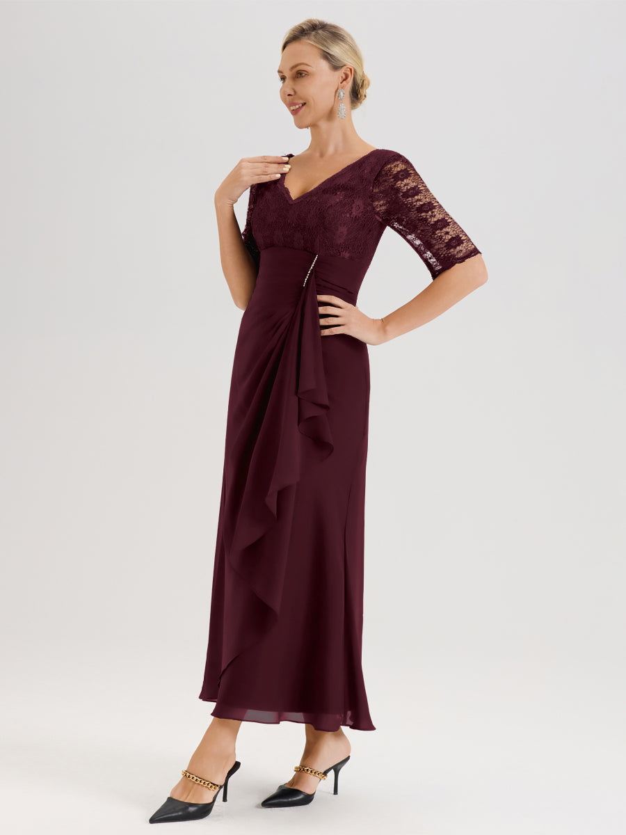 Cicinia Cabernet Robe De Mère De La Mariée Longue Ligne A En Dentelle Et Mousseline À Décolleté En V Demi-Manches Et Ceinture À Longs Rubans