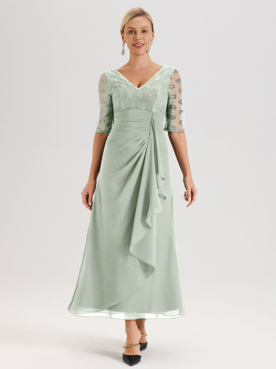 Cicinia Celadon Robe De Mère De La Mariée Longue Ligne A En Dentelle Et Mousseline À Décolleté En V Demi-Manches Et Ceinture À Longs Rubans