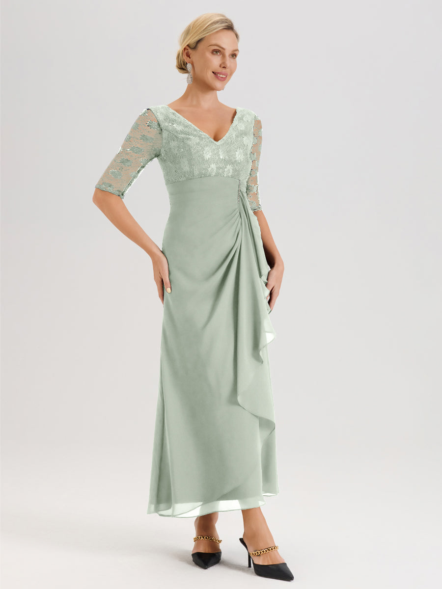 Cicinia Celadon Robe De Mère De La Mariée Longue Ligne A En Dentelle Et Mousseline À Décolleté En V Demi-Manches Et Ceinture À Longs Rubans