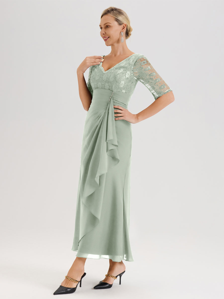 Cicinia Celadon Robe De Mère De La Mariée Longue Ligne A En Dentelle Et Mousseline À Décolleté En V Demi-Manches Et Ceinture À Longs Rubans
