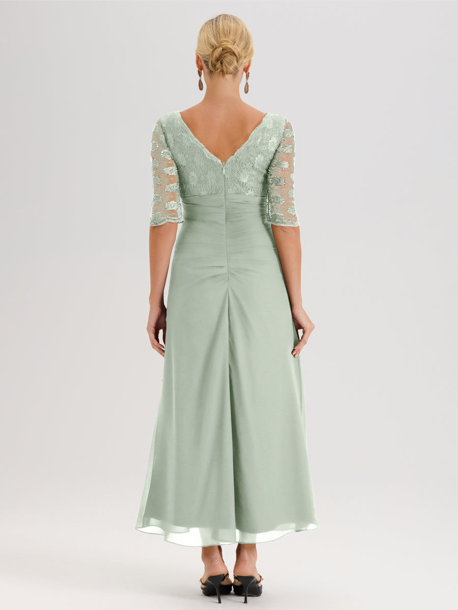 Cicinia Celadon Robe De Mère De La Mariée Longue Ligne A En Dentelle Et Mousseline À Décolleté En V Demi-Manches Et Ceinture À Longs Rubans