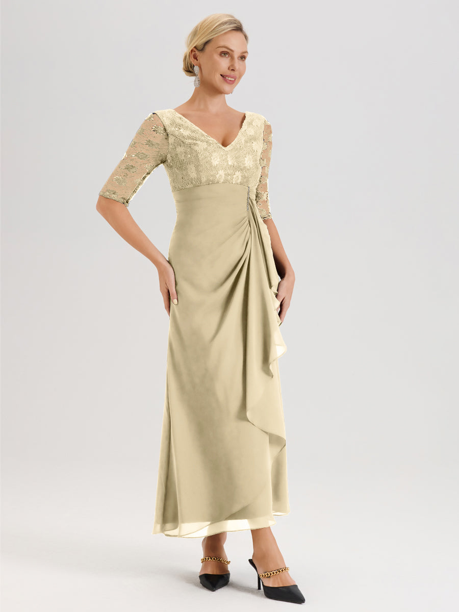 Cicinia Champagne Robe De Mère De La Mariée Longue Ligne A En Dentelle Et Mousseline À Décolleté En V Demi-Manches Et Ceinture À Longs Rubans