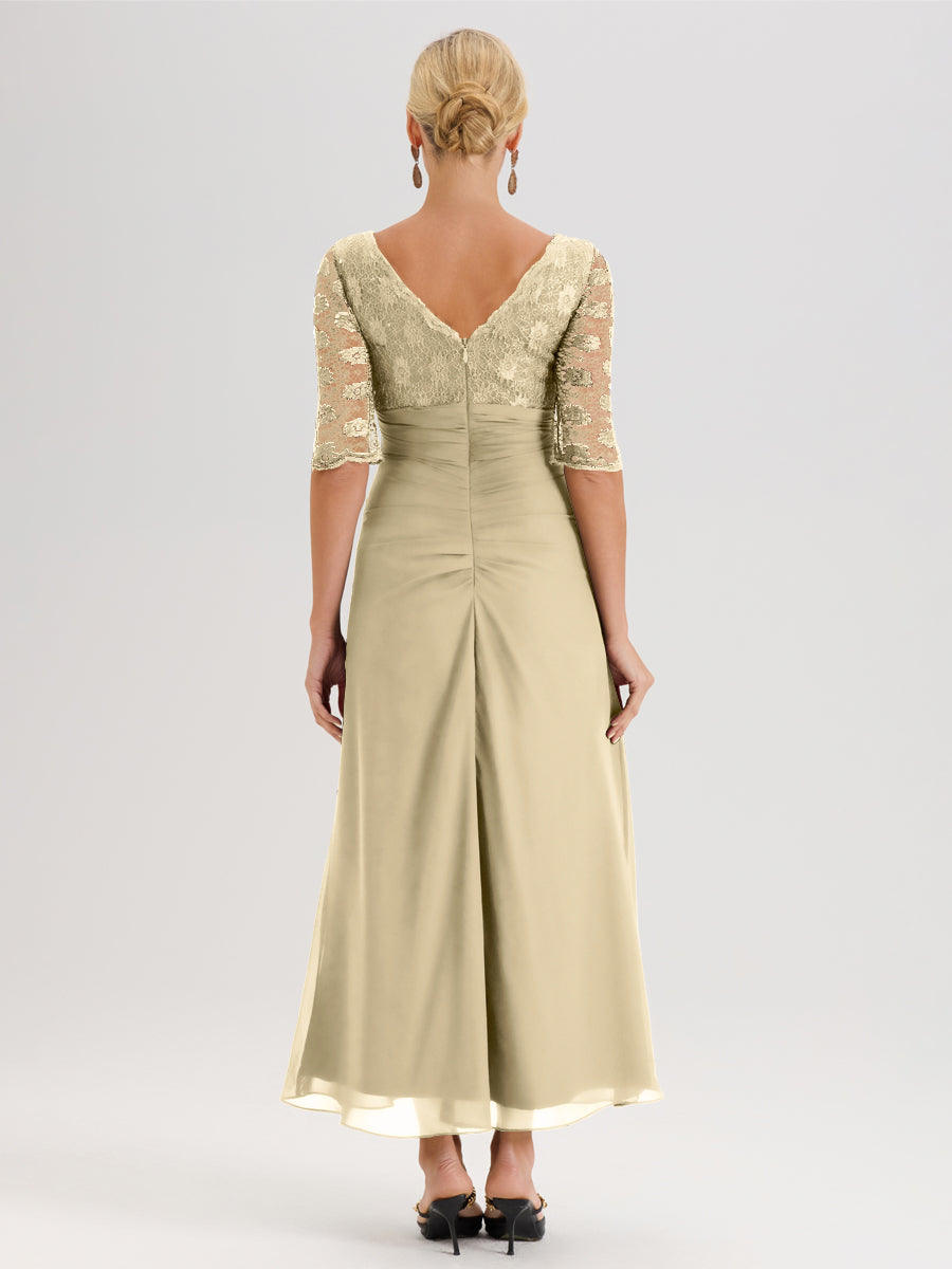 Cicinia Champagne Robe De Mère De La Mariée Longue Ligne A En Dentelle Et Mousseline À Décolleté En V Demi-Manches Et Ceinture À Longs Rubans