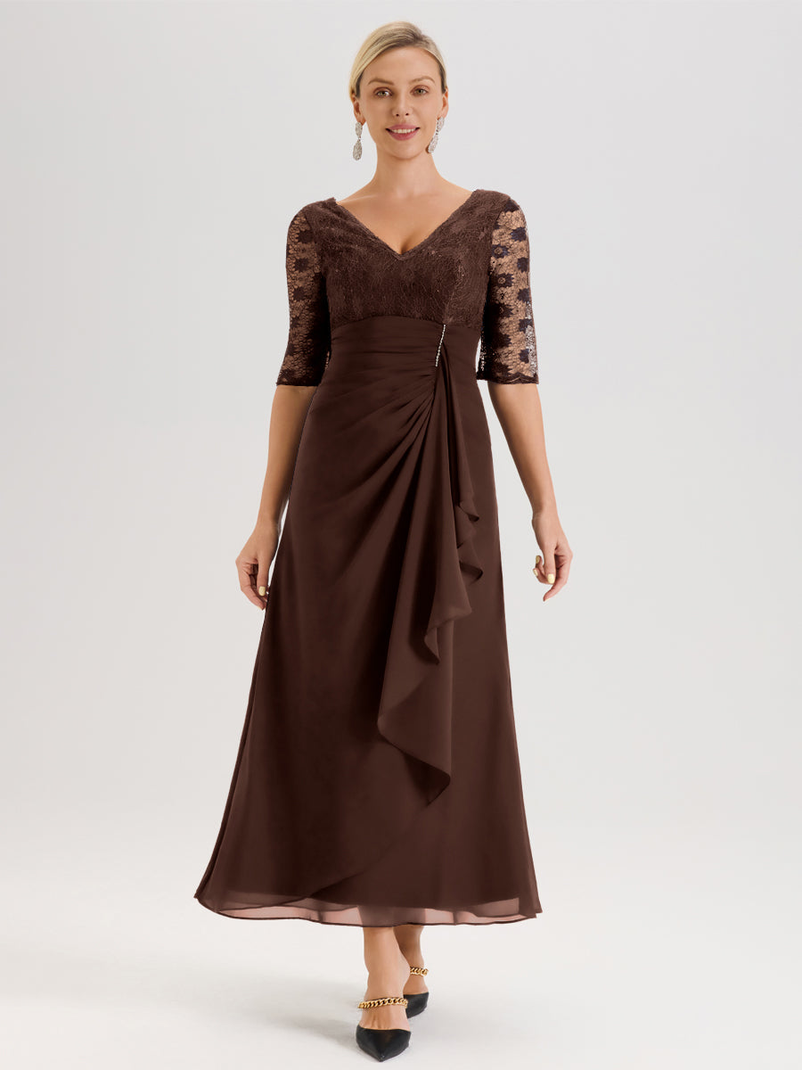 Cicinia Chocolat Robe De Mère De La Mariée Longue Ligne A En Dentelle Et Mousseline À Décolleté En V Demi-Manches Et Ceinture À Longs Rubans