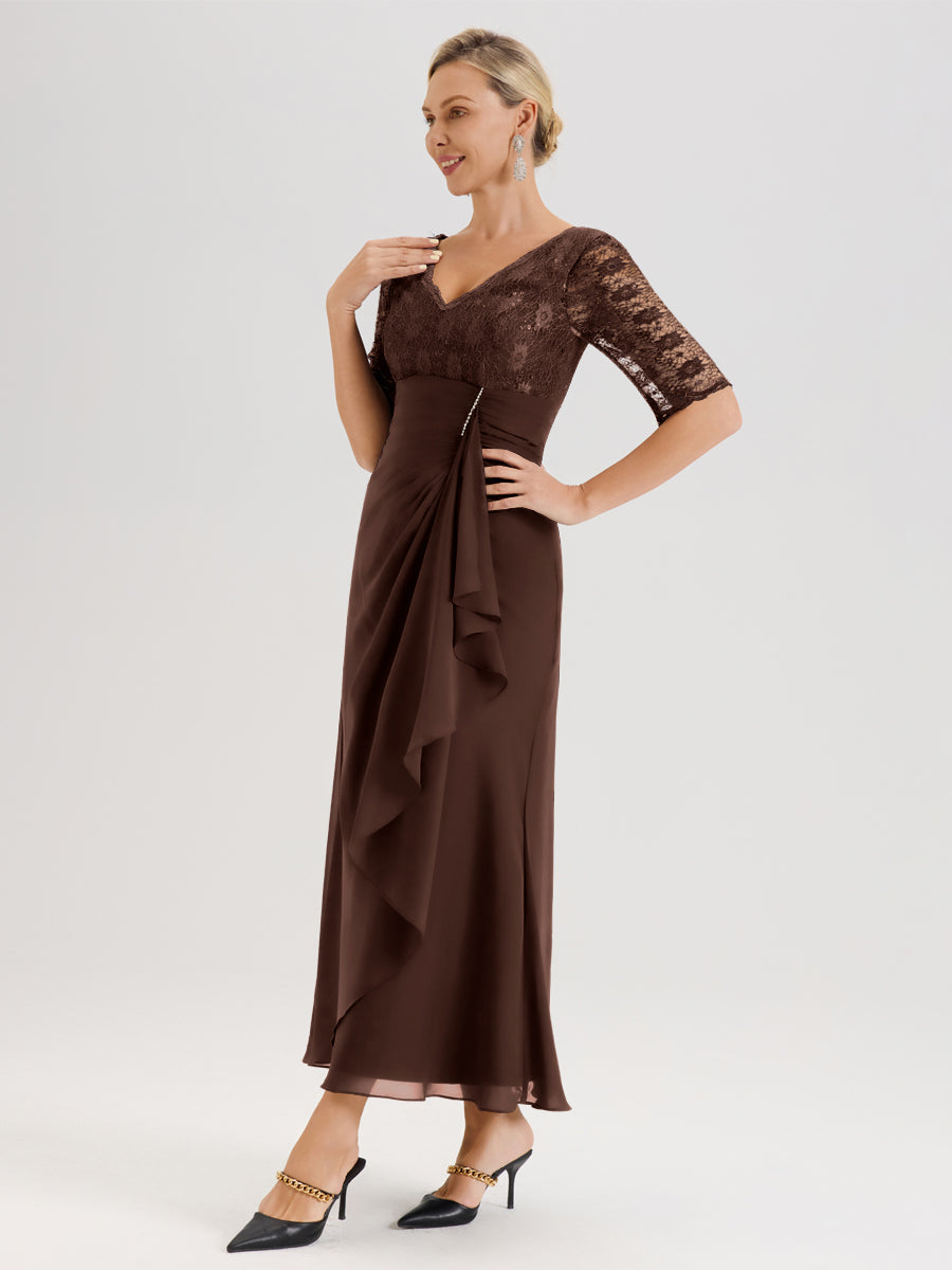 Cicinia Chocolat Robe De Mère De La Mariée Longue Ligne A En Dentelle Et Mousseline À Décolleté En V Demi-Manches Et Ceinture À Longs Rubans