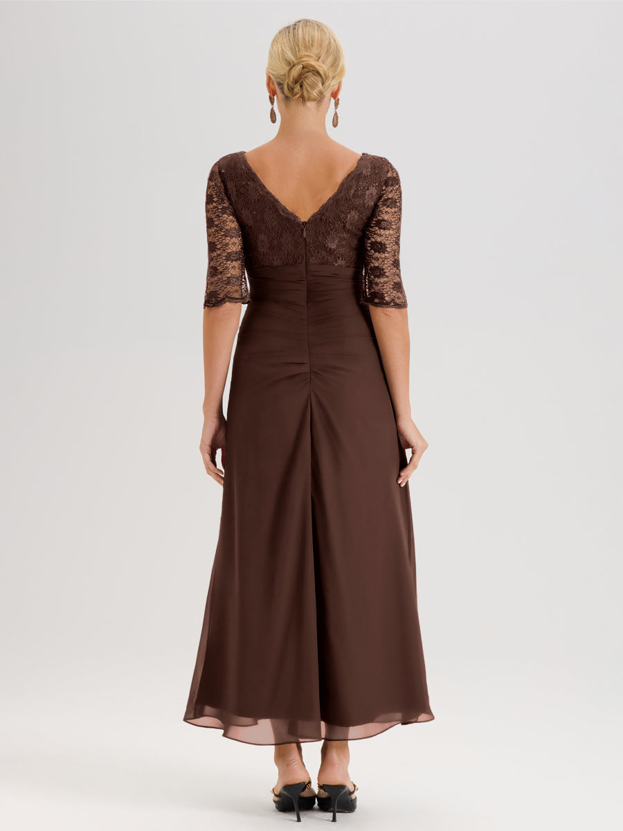 Cicinia Chocolat Robe De Mère De La Mariée Longue Ligne A En Dentelle Et Mousseline À Décolleté En V Demi-Manches Et Ceinture À Longs Rubans