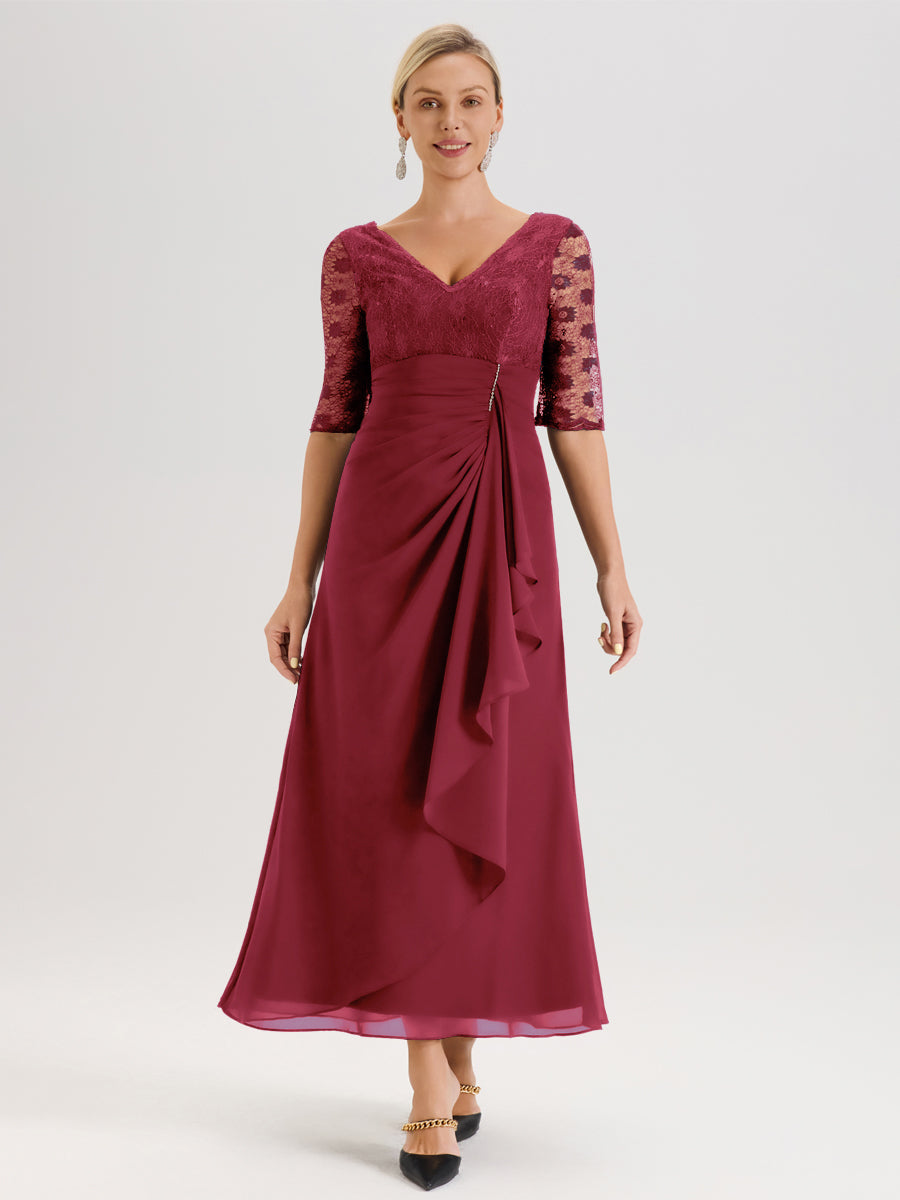 Cicinia Rose Cannelle Robe De Mère De La Mariée Longue Ligne A En Dentelle Et Mousseline À Décolleté En V Demi-Manches Et Ceinture À Longs Rubans