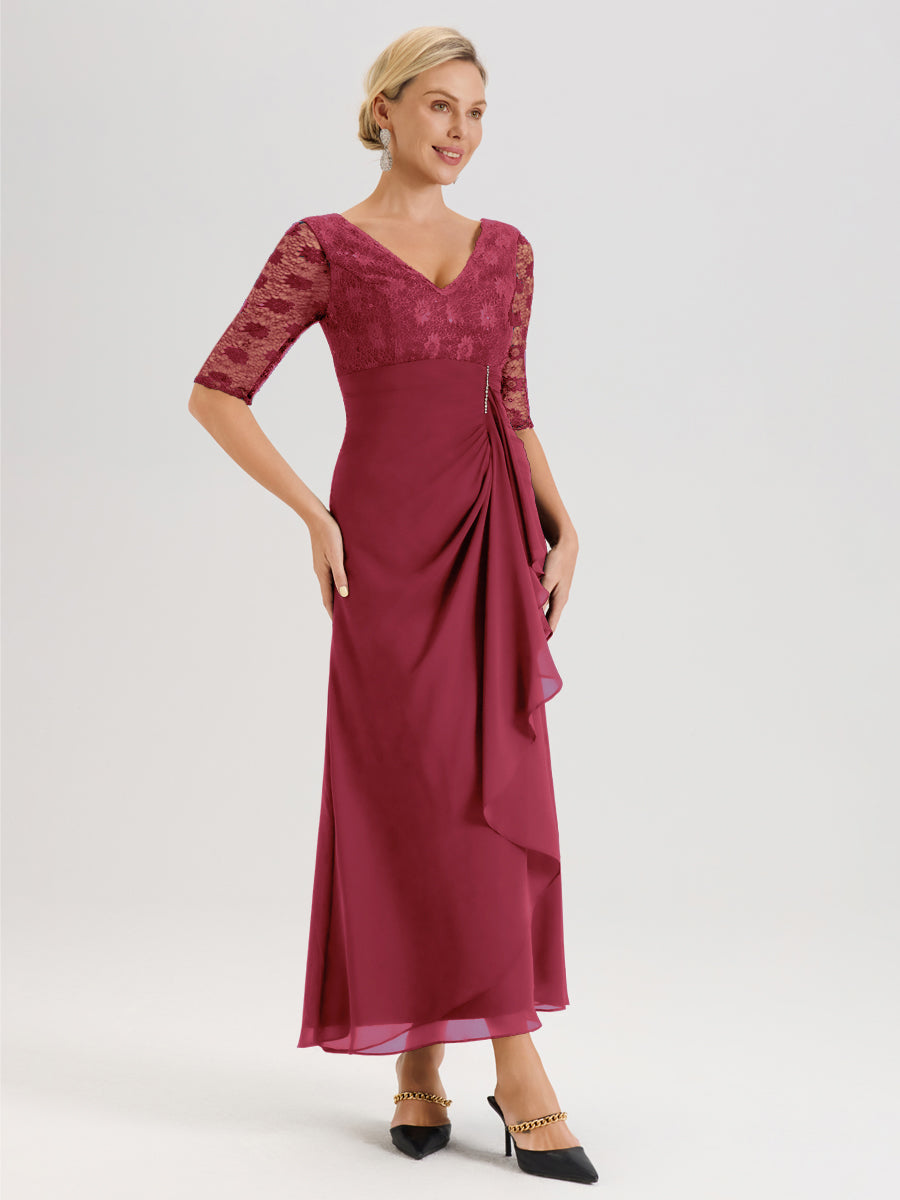 Cicinia Rose Cannelle Robe De Mère De La Mariée Longue Ligne A En Dentelle Et Mousseline À Décolleté En V Demi-Manches Et Ceinture À Longs Rubans