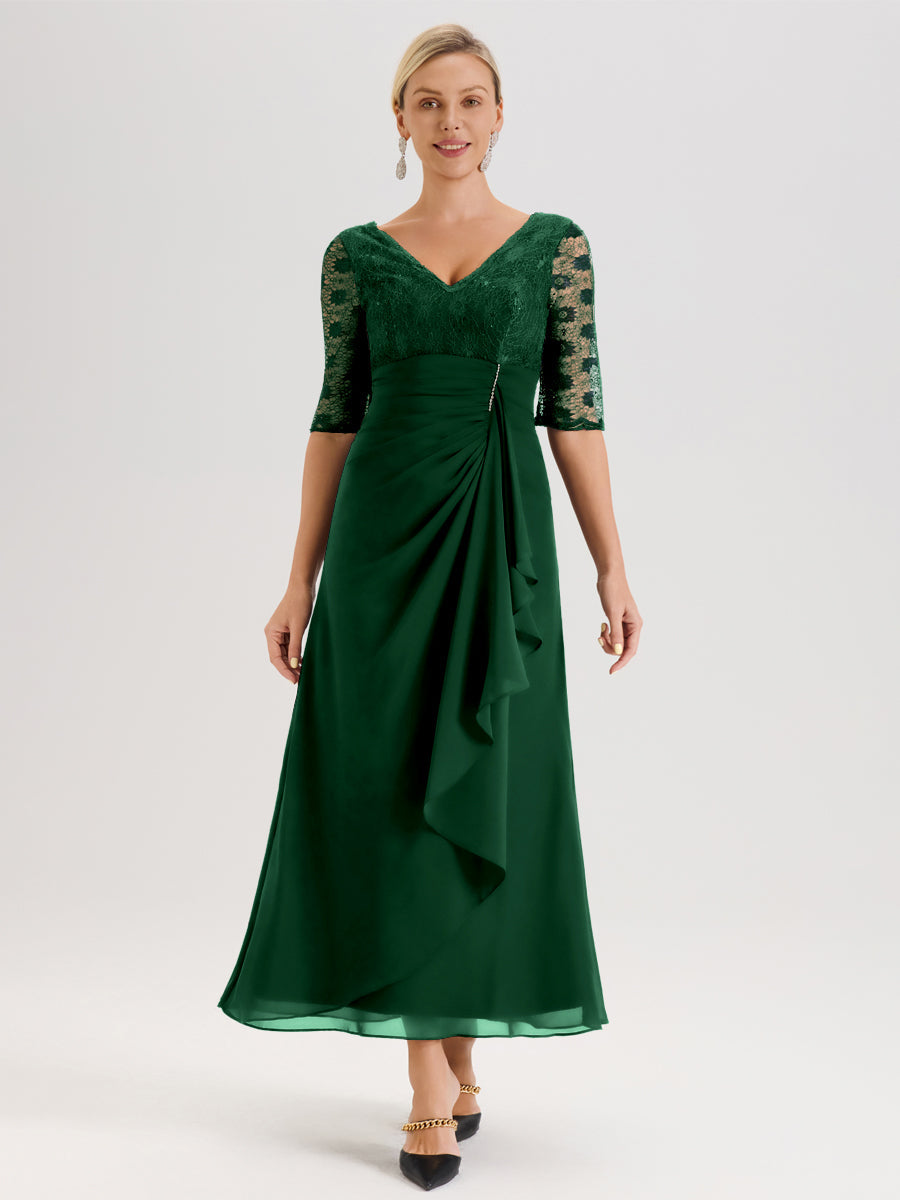 Cicinia Vert Foncé Robe De Mère De La Mariée Longue Ligne A En Dentelle Et Mousseline À Décolleté En V Demi-Manches Et Ceinture À Longs Rubans