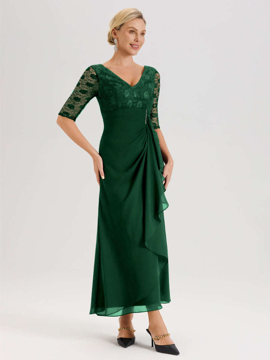 Cicinia Vert Foncé Robe De Mère De La Mariée Longue Ligne A En Dentelle Et Mousseline À Décolleté En V Demi-Manches Et Ceinture À Longs Rubans