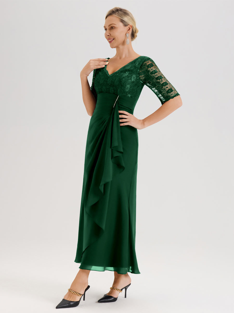 Cicinia Vert Foncé Robe De Mère De La Mariée Longue Ligne A En Dentelle Et Mousseline À Décolleté En V Demi-Manches Et Ceinture À Longs Rubans