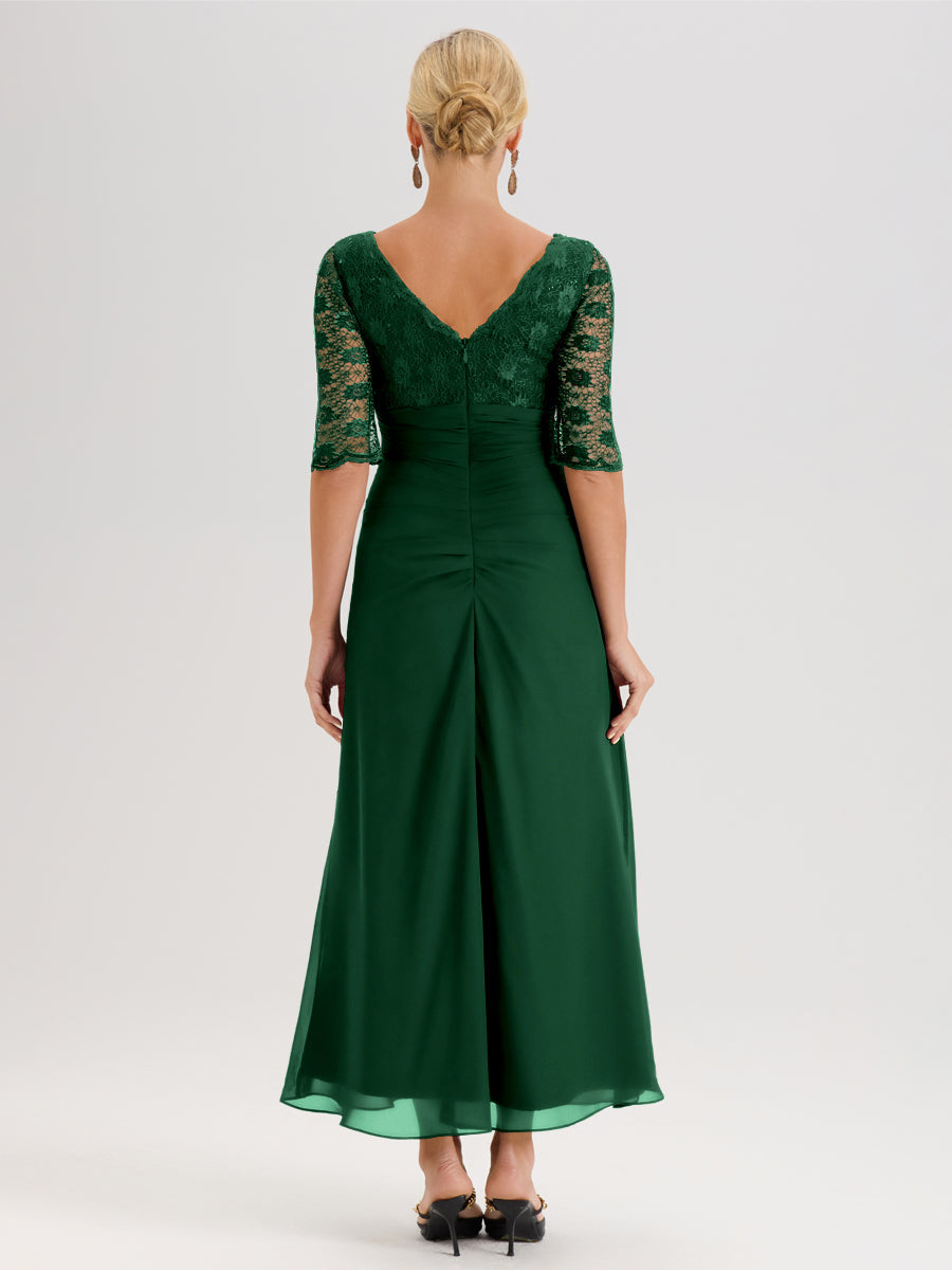 Cicinia Vert Foncé Robe De Mère De La Mariée Longue Ligne A En Dentelle Et Mousseline À Décolleté En V Demi-Manches Et Ceinture À Longs Rubans
