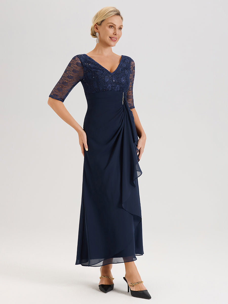 Cicinia Bleu Marine Robe De Mère De La Mariée Longue Ligne A En Dentelle Et Mousseline À Décolleté En V Demi-Manches Et Ceinture À Longs Rubans