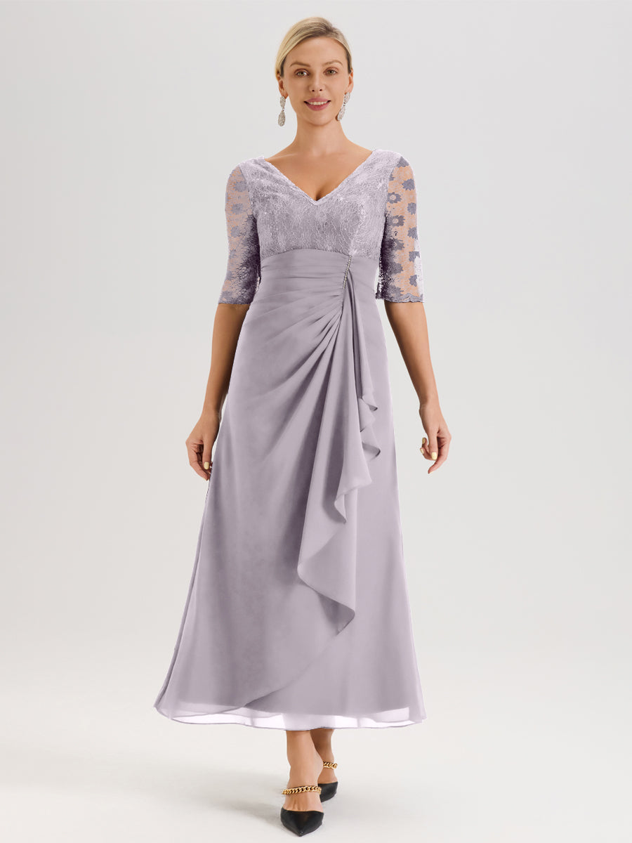 Cicinia Crépuscule Robe De Mère De La Mariée Longue Ligne A En Dentelle Et Mousseline À Décolleté En V Demi-Manches Et Ceinture À Longs Rubans