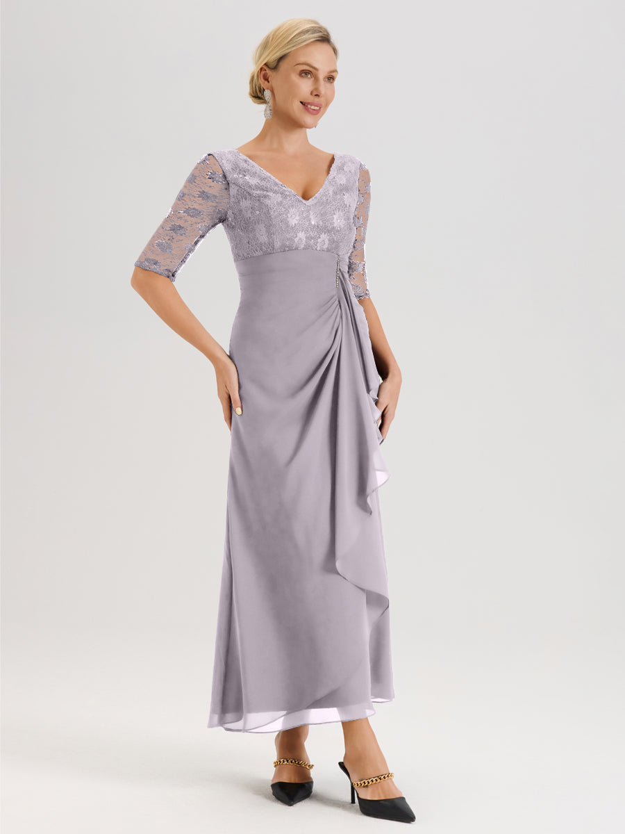 Cicinia Crépuscule Robe De Mère De La Mariée Longue Ligne A En Dentelle Et Mousseline À Décolleté En V Demi-Manches Et Ceinture À Longs Rubans