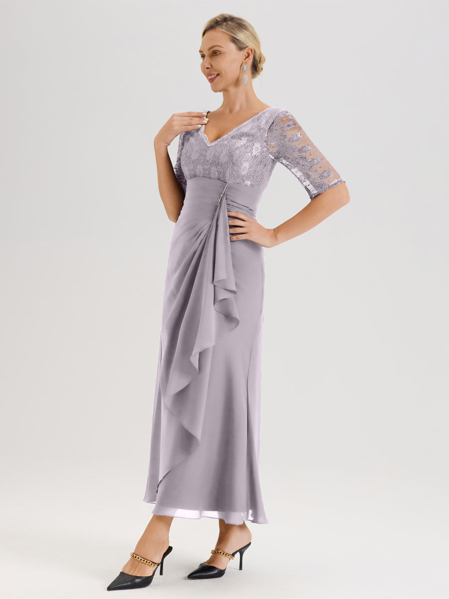 Cicinia Crépuscule Robe De Mère De La Mariée Longue Ligne A En Dentelle Et Mousseline À Décolleté En V Demi-Manches Et Ceinture À Longs Rubans