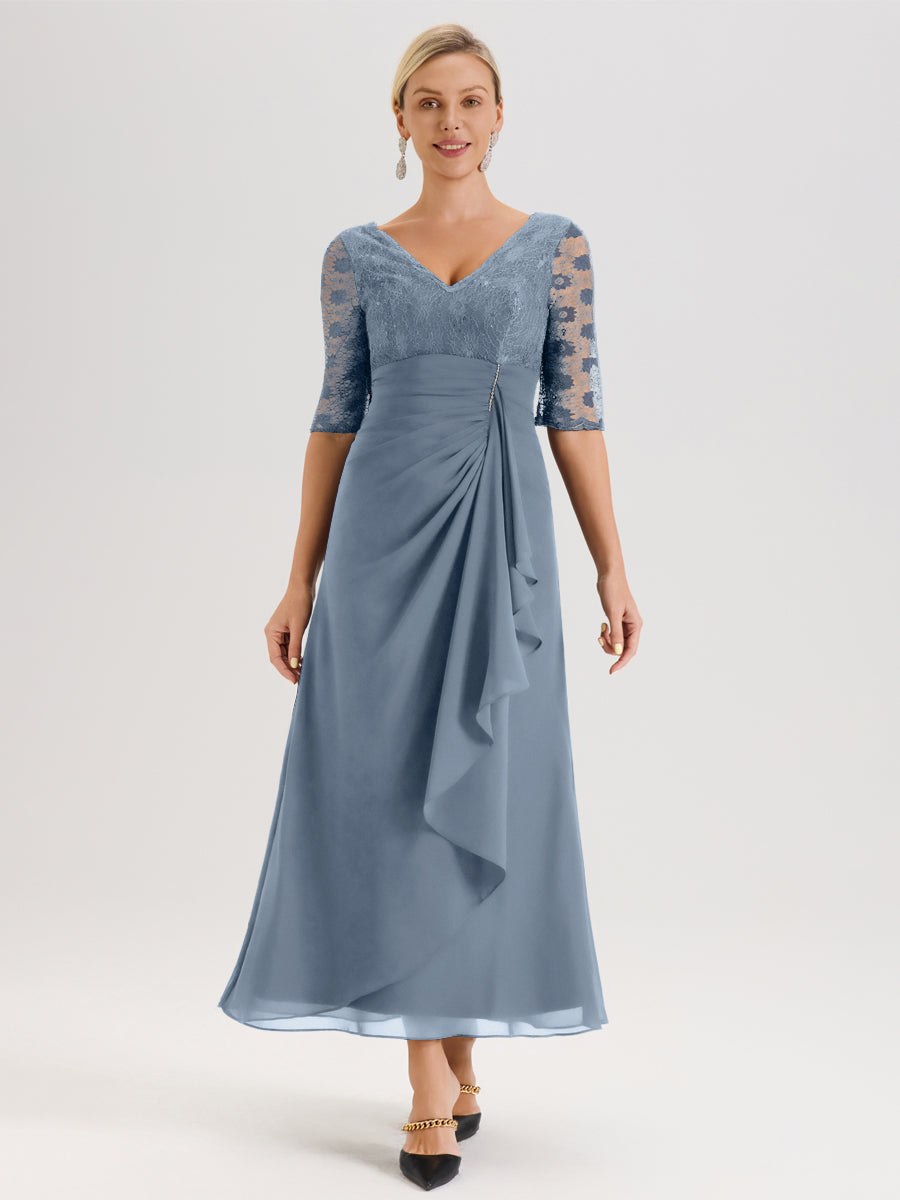 Cicinia Bleu Poudré Robe De Mère De La Mariée Longue Ligne A En Dentelle Et Mousseline À Décolleté En V Demi-Manches Et Ceinture À Longs Rubans
