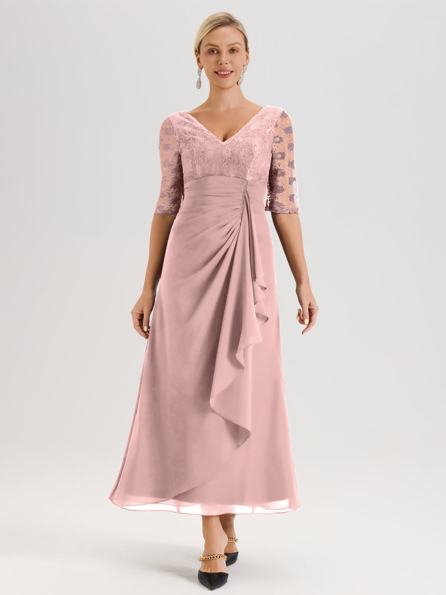 Cicinia Rose Poudré Robe De Mère De La Mariée Longue Ligne A En Dentelle Et Mousseline À Décolleté En V Demi-Manches Et Ceinture À Longs Rubans
