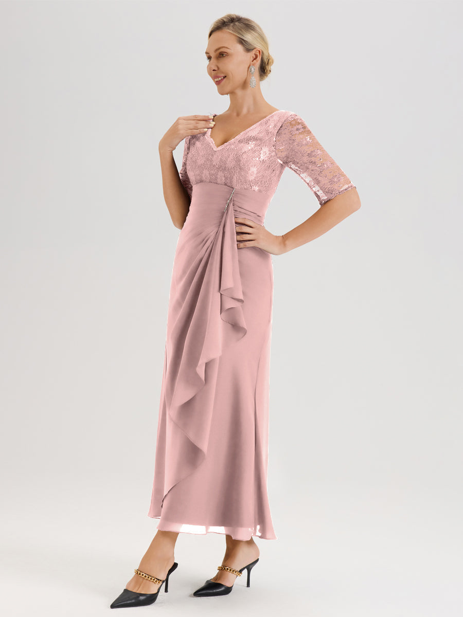 Cicinia Rose Poudré Robe De Mère De La Mariée Longue Ligne A En Dentelle Et Mousseline À Décolleté En V Demi-Manches Et Ceinture À Longs Rubans