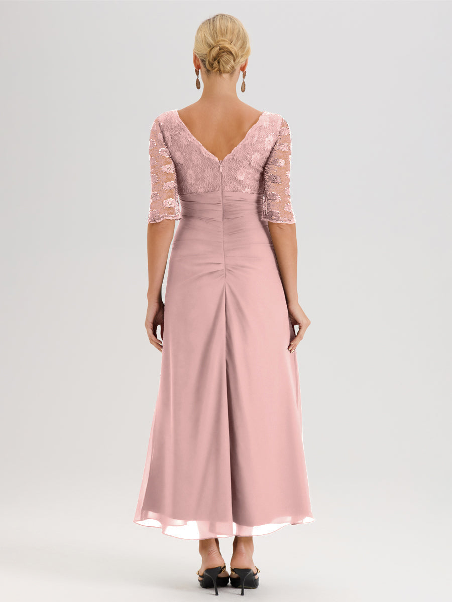 Cicinia Rose Poudré Robe De Mère De La Mariée Longue Ligne A En Dentelle Et Mousseline À Décolleté En V Demi-Manches Et Ceinture À Longs Rubans