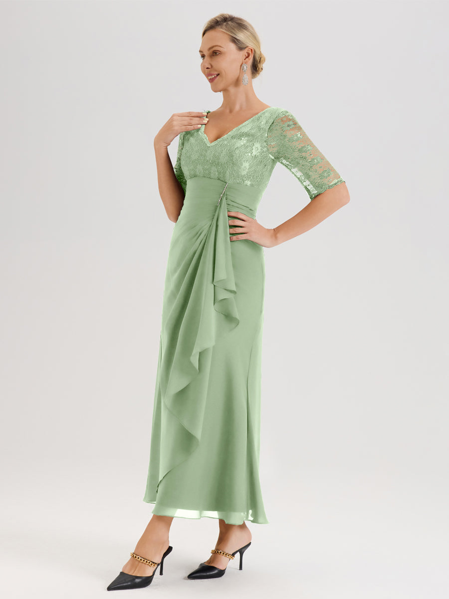 Cicinia Sauge Poudrée Robe De Mère De La Mariée Longue Ligne A En Dentelle Et Mousseline À Décolleté En V Demi-Manches Et Ceinture À Longs Rubans
