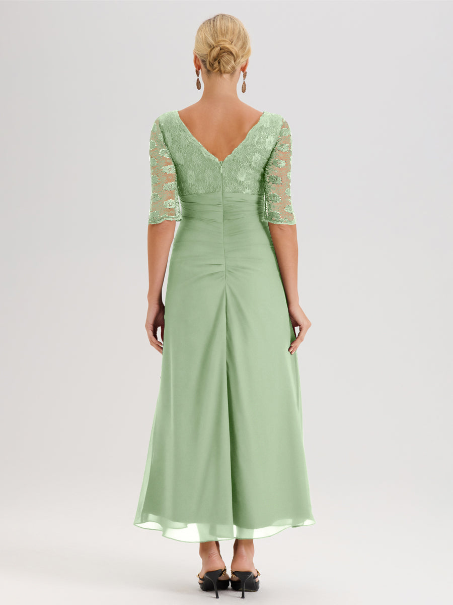 Cicinia Sauge Poudrée Robe De Mère De La Mariée Longue Ligne A En Dentelle Et Mousseline À Décolleté En V Demi-Manches Et Ceinture À Longs Rubans