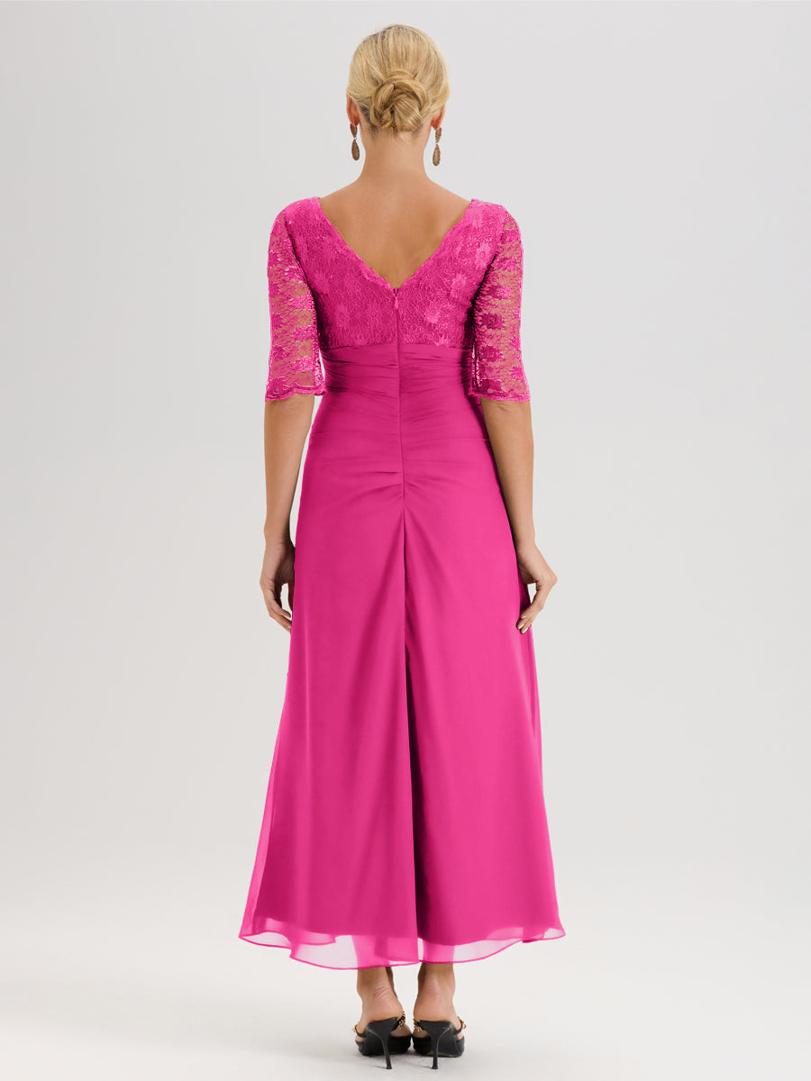 Cicinia Fuchsia Robe De Mère De La Mariée Longue Ligne A En Dentelle Et Mousseline À Décolleté En V Demi-Manches Et Ceinture À Longs Rubans