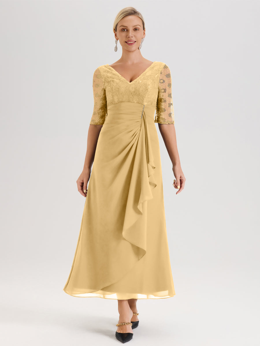 Cicinia Or Robe De Mère De La Mariée Longue Ligne A En Dentelle Et Mousseline À Décolleté En V Demi-Manches Et Ceinture À Longs Rubans