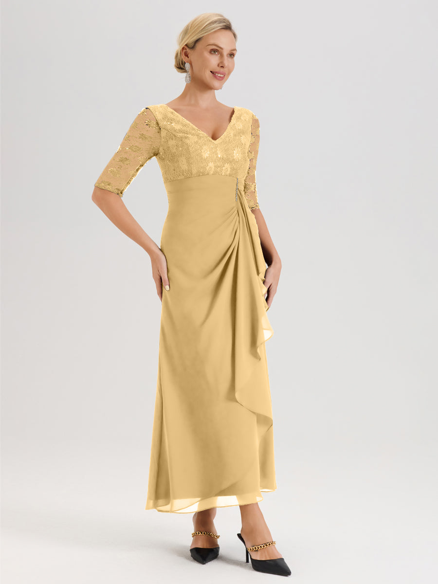 Cicinia Or Robe De Mère De La Mariée Longue Ligne A En Dentelle Et Mousseline À Décolleté En V Demi-Manches Et Ceinture À Longs Rubans