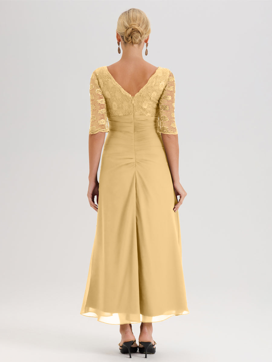Cicinia Or Robe De Mère De La Mariée Longue Ligne A En Dentelle Et Mousseline À Décolleté En V Demi-Manches Et Ceinture À Longs Rubans