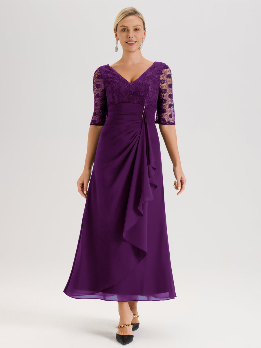 Cicinia Raisin Robe De Mère De La Mariée Longue Ligne A En Dentelle Et Mousseline À Décolleté En V Demi-Manches Et Ceinture À Longs Rubans