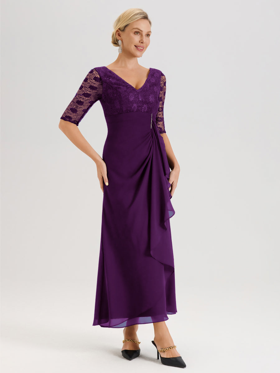 Cicinia Raisin Robe De Mère De La Mariée Longue Ligne A En Dentelle Et Mousseline À Décolleté En V Demi-Manches Et Ceinture À Longs Rubans
