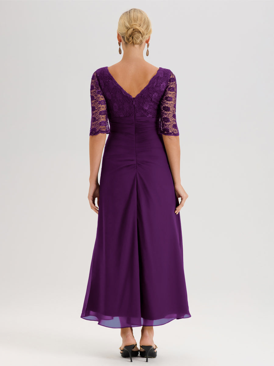 Cicinia Raisin Robe De Mère De La Mariée Longue Ligne A En Dentelle Et Mousseline À Décolleté En V Demi-Manches Et Ceinture À Longs Rubans