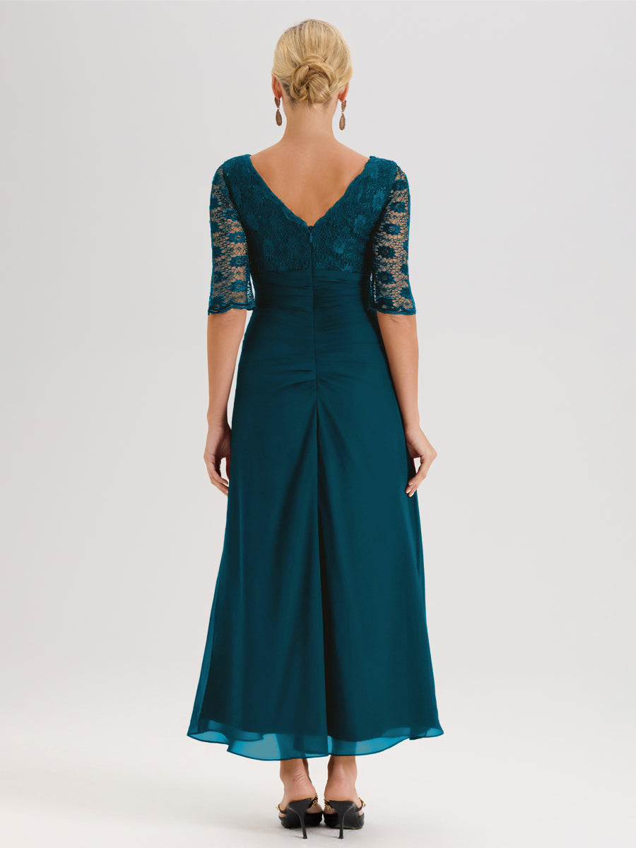 Cicinia Bleu Encre Robe De Mère De La Mariée Longue Ligne A En Dentelle Et Mousseline À Décolleté En V Demi-Manches Et Ceinture À Longs Rubans