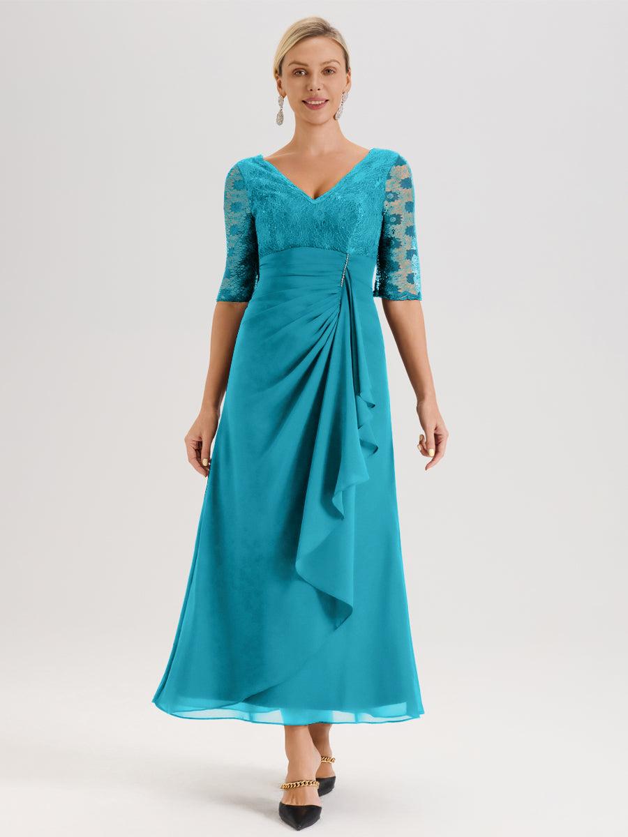 Cicinia Jade Robe De Mère De La Mariée Longue Ligne A En Dentelle Et Mousseline À Décolleté En V Demi-Manches Et Ceinture À Longs Rubans