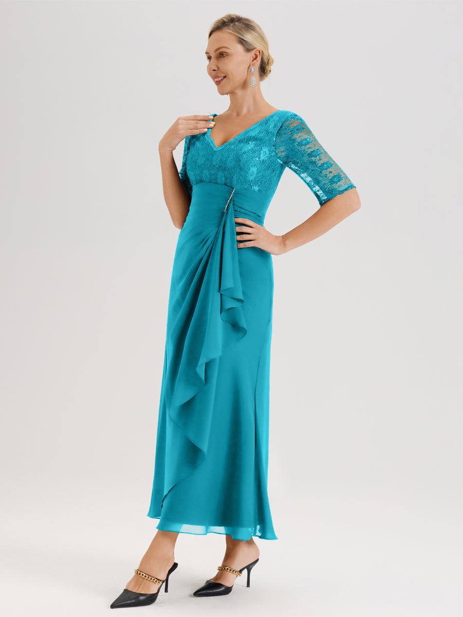 Cicinia Jade Robe De Mère De La Mariée Longue Ligne A En Dentelle Et Mousseline À Décolleté En V Demi-Manches Et Ceinture À Longs Rubans