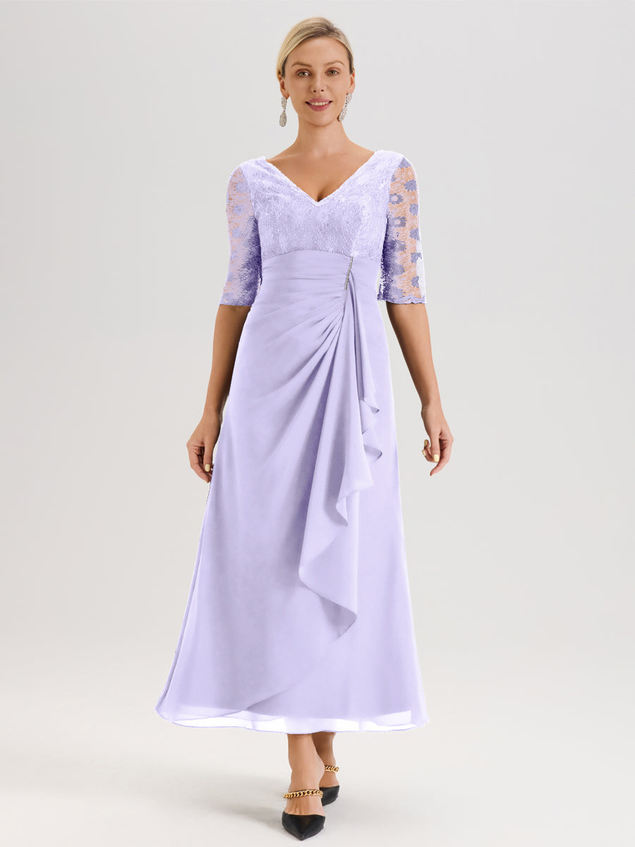 Cicinia Lilas Robe De Mère De La Mariée Longue Ligne A En Dentelle Et Mousseline À Décolleté En V Demi-Manches Et Ceinture À Longs Rubans