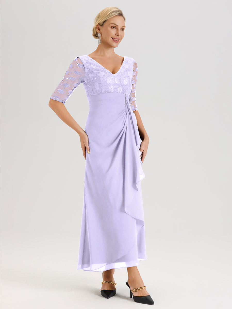 Cicinia Lilas Robe De Mère De La Mariée Longue Ligne A En Dentelle Et Mousseline À Décolleté En V Demi-Manches Et Ceinture À Longs Rubans