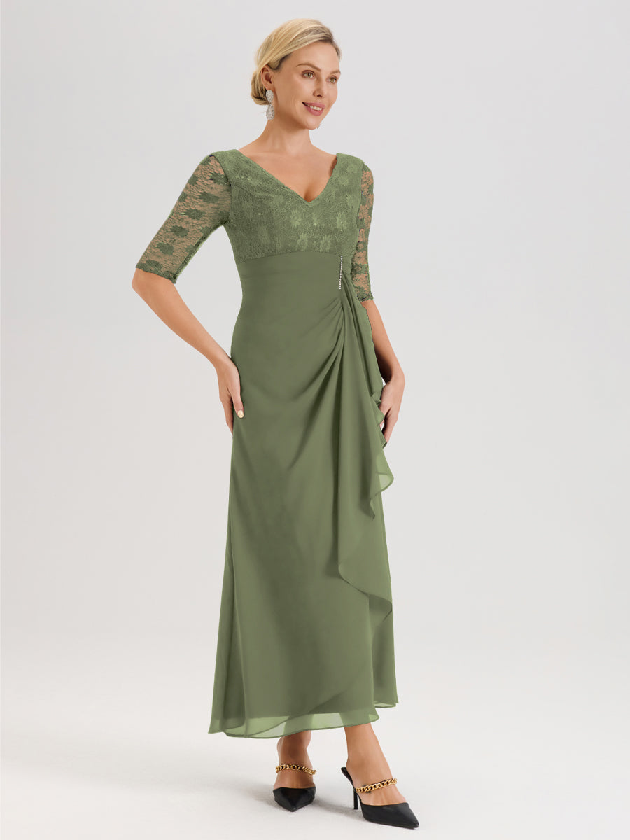 Cicinia Vert Olive Robe De Mère De La Mariée Longue Ligne A En Dentelle Et Mousseline À Décolleté En V Demi-Manches Et Ceinture À Longs Rubans