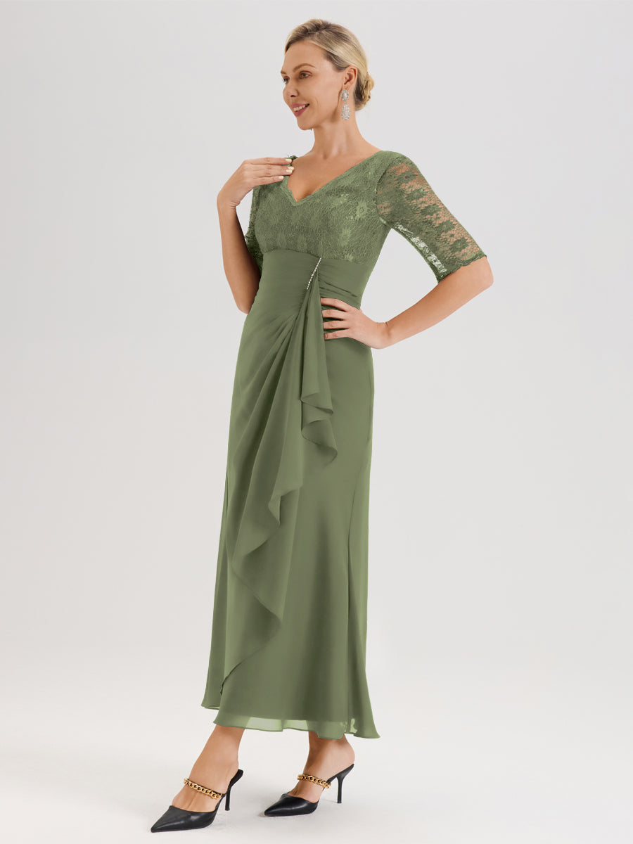 Cicinia Vert Olive Robe De Mère De La Mariée Longue Ligne A En Dentelle Et Mousseline À Décolleté En V Demi-Manches Et Ceinture À Longs Rubans