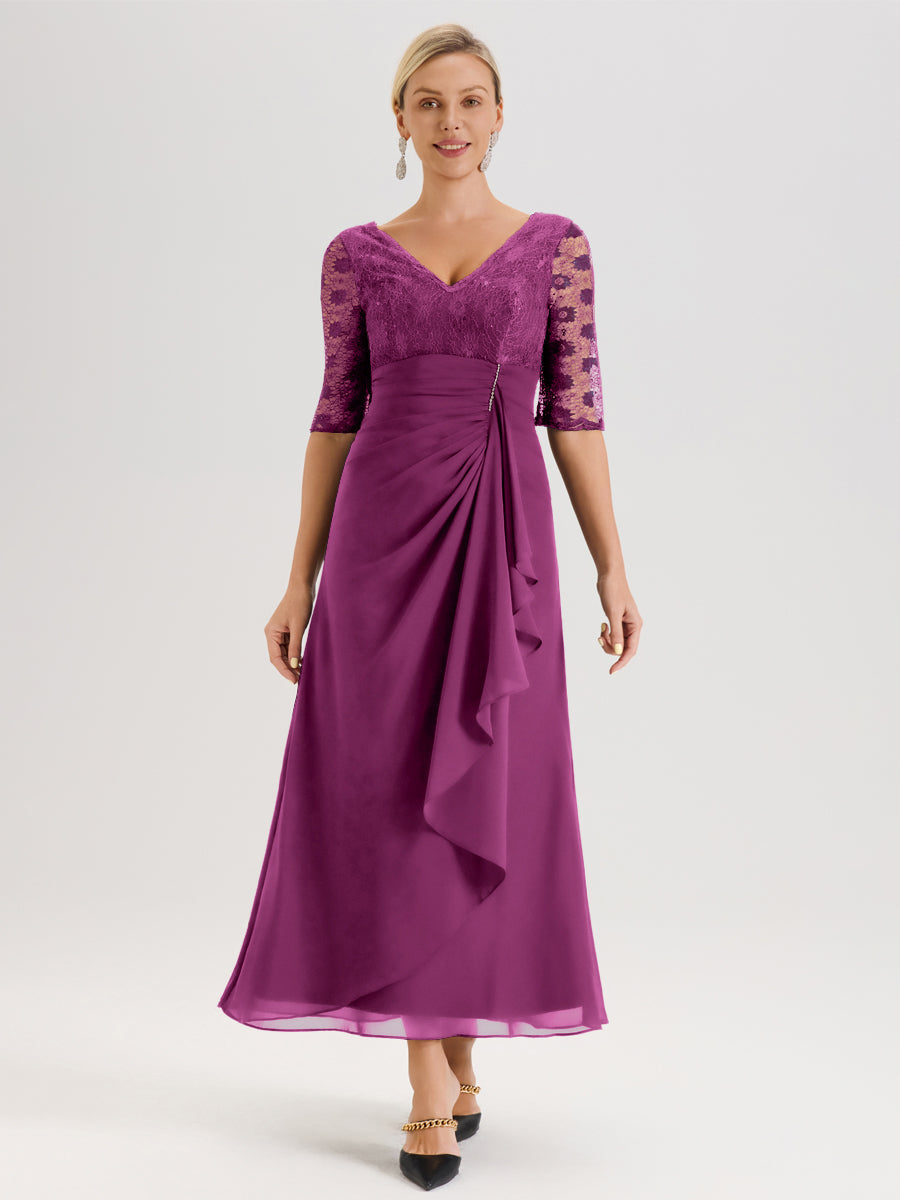 Cicinia Orchidée Robe De Mère De La Mariée Longue Ligne A En Dentelle Et Mousseline À Décolleté En V Demi-Manches Et Ceinture À Longs Rubans