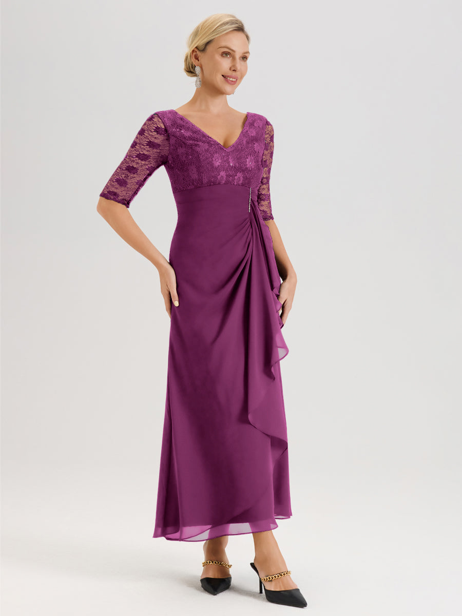 Cicinia Orchidée Robe De Mère De La Mariée Longue Ligne A En Dentelle Et Mousseline À Décolleté En V Demi-Manches Et Ceinture À Longs Rubans