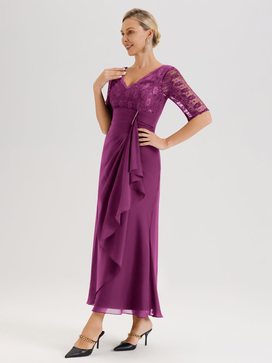 Cicinia Orchidée Robe De Mère De La Mariée Longue Ligne A En Dentelle Et Mousseline À Décolleté En V Demi-Manches Et Ceinture À Longs Rubans