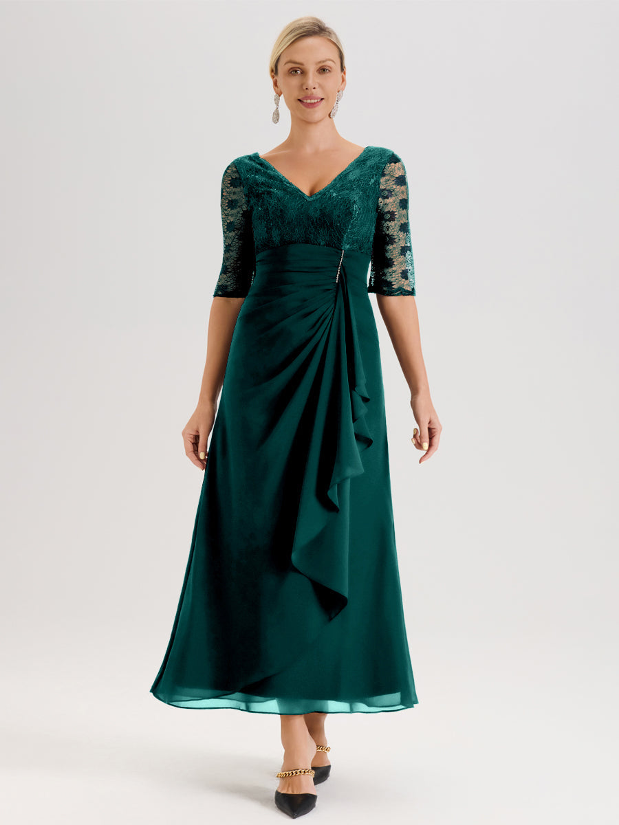 Cicinia Paon Robe De Mère De La Mariée Longue Ligne A En Dentelle Et Mousseline À Décolleté En V Demi-Manches Et Ceinture À Longs Rubans