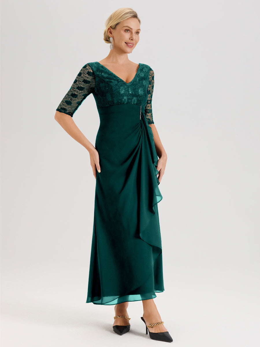 Cicinia Paon Robe De Mère De La Mariée Longue Ligne A En Dentelle Et Mousseline À Décolleté En V Demi-Manches Et Ceinture À Longs Rubans